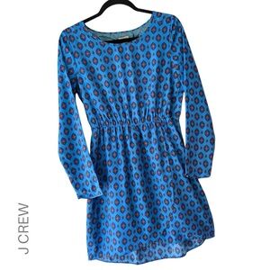 J CREW | BLUE MEDALLION PRINT TULIP HEM FAUX WRAP DRESS LONG SLEEVE | SIZE: 4